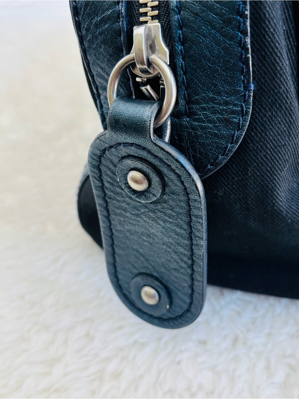 Chloe Metallic Blue Leather Black Canvas Handbag/Duffle Bag 12”x8”x7” - Picture 13 of 16